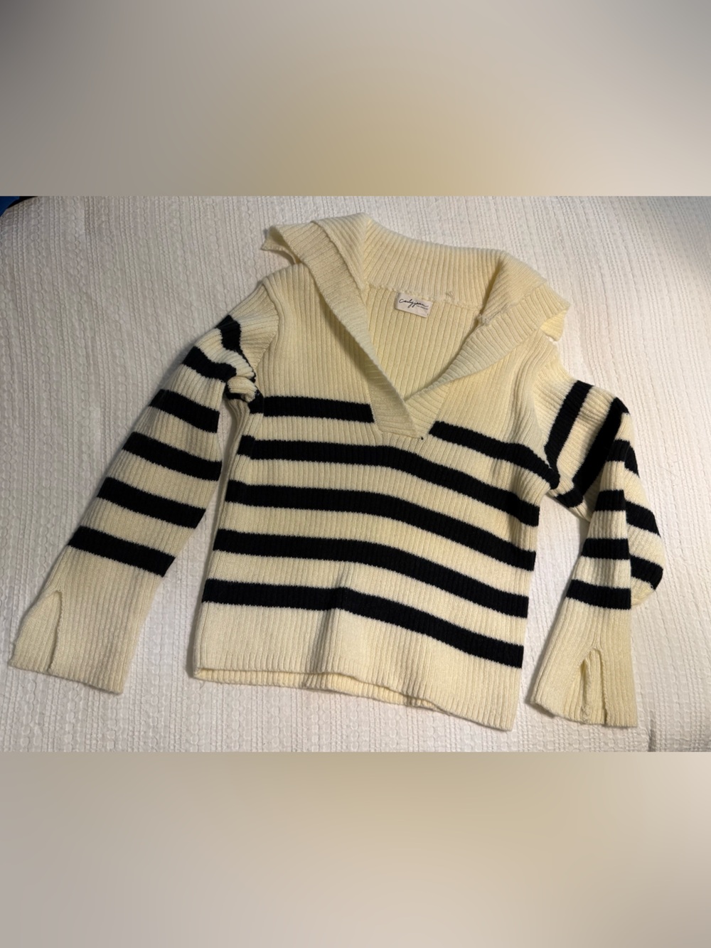 Carly Jean Los Angeles Cream & Black Striped Shawl Collar Sweater